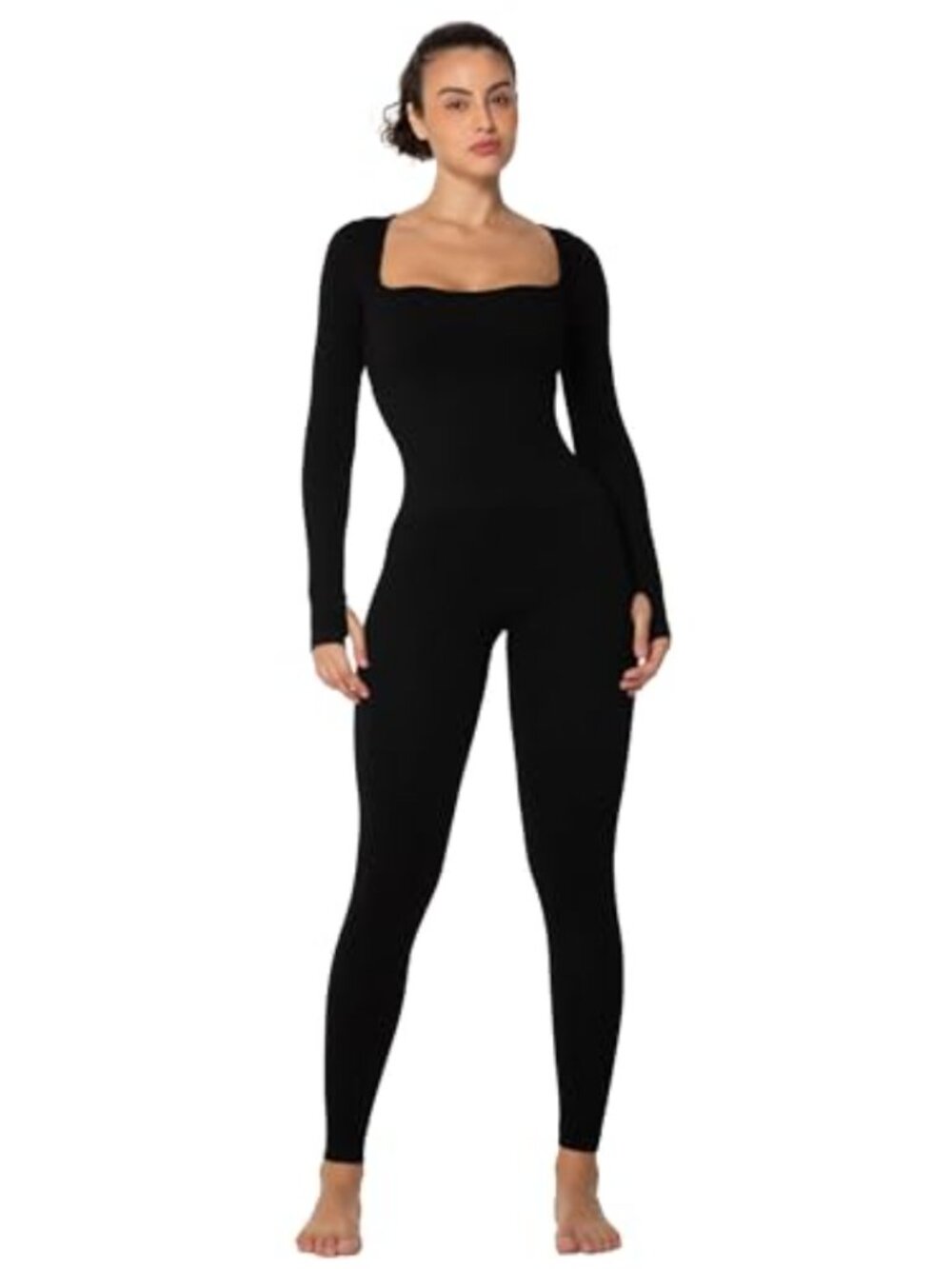 Square Neck Long Sleeve Bodysuit Ribbed Seamless One Piece Jumpsuit